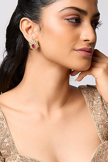 Gold Finish Kundan Polki & Ruby Stud Earrings In Sterling Silver