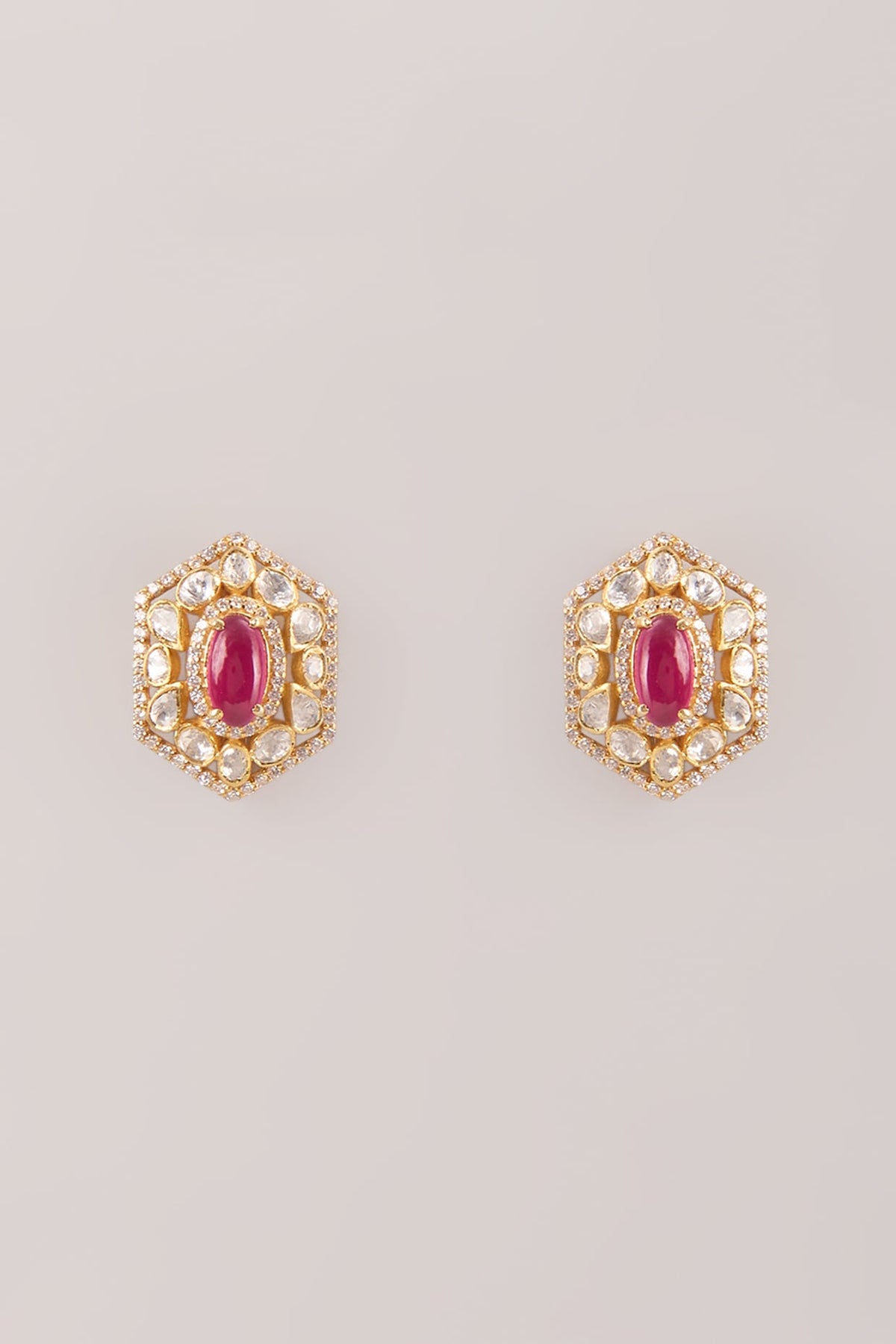 Gold Finish Kundan Polki & Ruby Stud Earrings In Sterling Silver