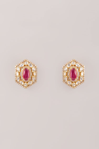 Gold Finish Kundan Polki & Ruby Stud Earrings In Sterling Silver