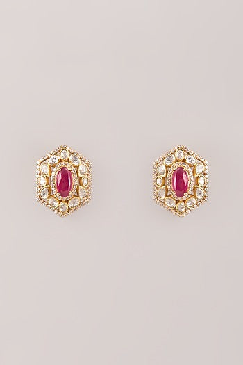 Gold Finish Kundan Polki & Ruby Stud Earrings In Sterling Silver