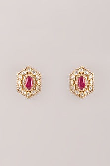 Gold Finish Kundan Polki & Ruby Stud Earrings In Sterling Silver
