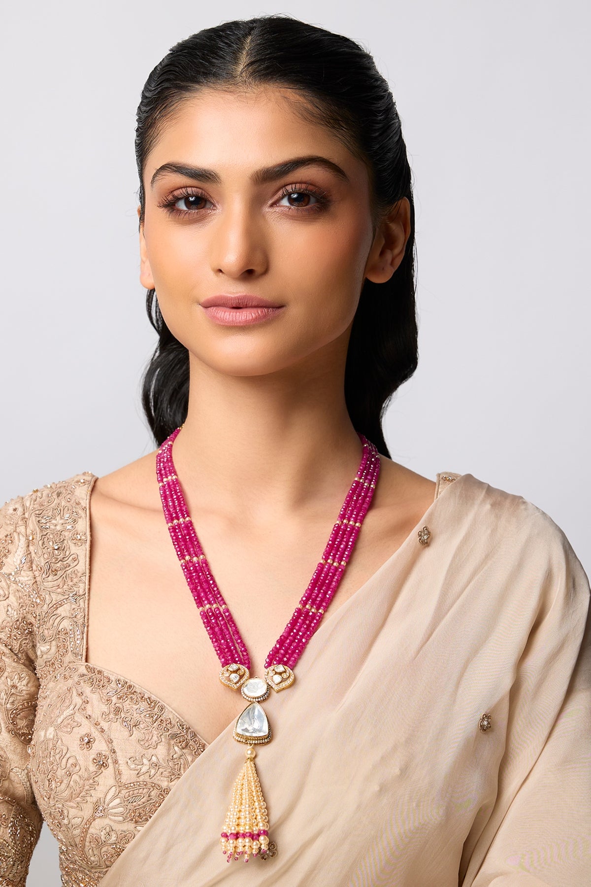 Gold Finish Kundan Polki & Ruby Beaded Long Necklace In Sterling Silver