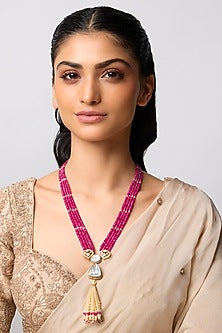 Gold Finish Kundan Polki & Ruby Beaded Long Necklace In Sterling Silver