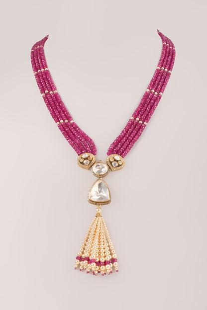Gold Finish Kundan Polki & Ruby Beaded Long Necklace In Sterling Silver