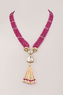 Gold Finish Kundan Polki & Ruby Beaded Long Necklace In Sterling Silver