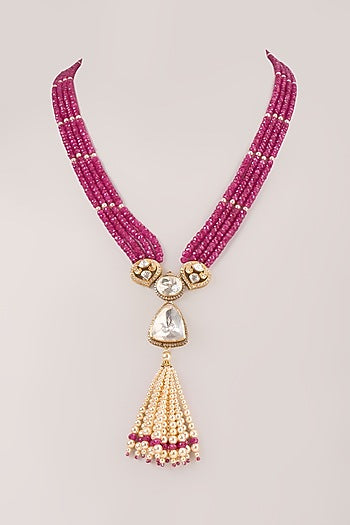 Gold Finish Kundan Polki & Ruby Beaded Long Necklace In Sterling Silver