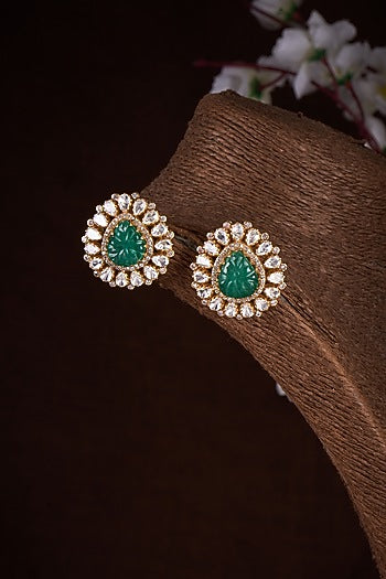Gold Plated Moissanite Polki & Green Onyx Stud Earrings In Sterling Silver