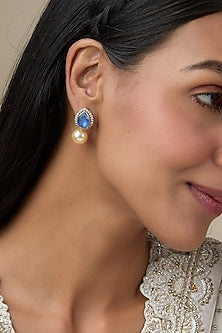 Two Tone Plated Moissanite Polki & Blue Quartz Stud Earrings In Sterling Silver