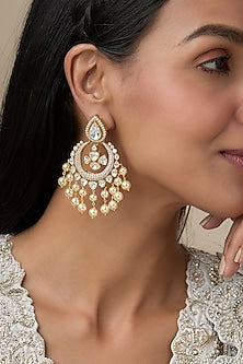 Gold Plated Moissanite Polki & Freshwater Pearl Chandbali Earrings In Sterling Silver