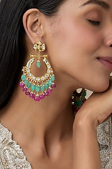 Gold Plated Moissanite Polki & Quartz Chandbali Earrings In Sterling Silver