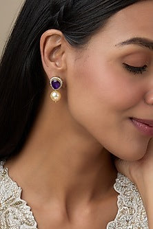 Two Tone Plated Moissanite Polki & Purple Quartz Stud Earrings In Sterling Silver