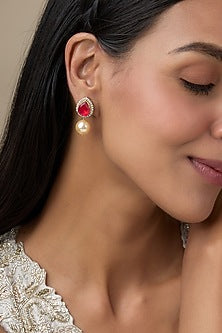 Two Tone Plated Moissanite Polki & Red Quartz Stud Earrings In Sterling Silver