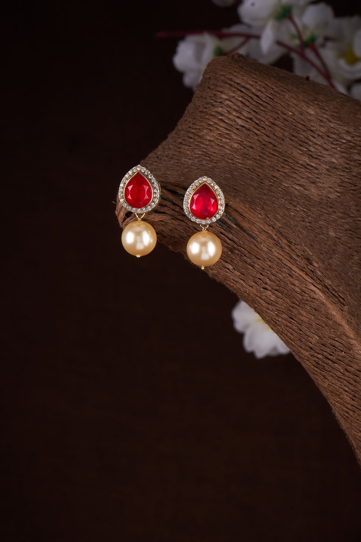 Two Tone Plated Moissanite Polki & Red Quartz Stud Earrings In Sterling Silver