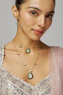 Gold Plated Moissanite Polki Green Enameled Long Necklace In Sterling Silver