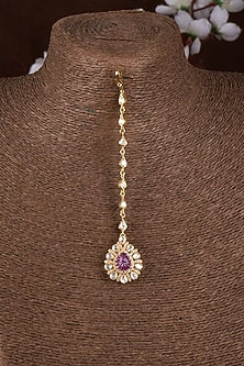 Gold Plated Moissanite Polki & Carved Red Onyx Maangikka In Sterling Silver