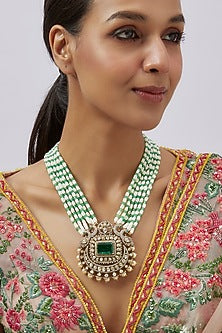 Two-Tone Finish Moissanite Polki & Freshwater Pearl Long Necklace In Sterling Silver