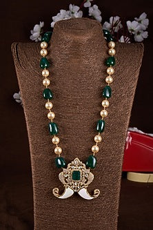 Two-Tone Finish Moissanite Polki & Freshwater Pearl Long Necklace In Sterling Silver