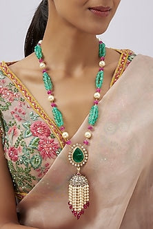 Gold Plated Moissanite Polki & Freshwater Pearl Long Necklace In Sterling Silver
