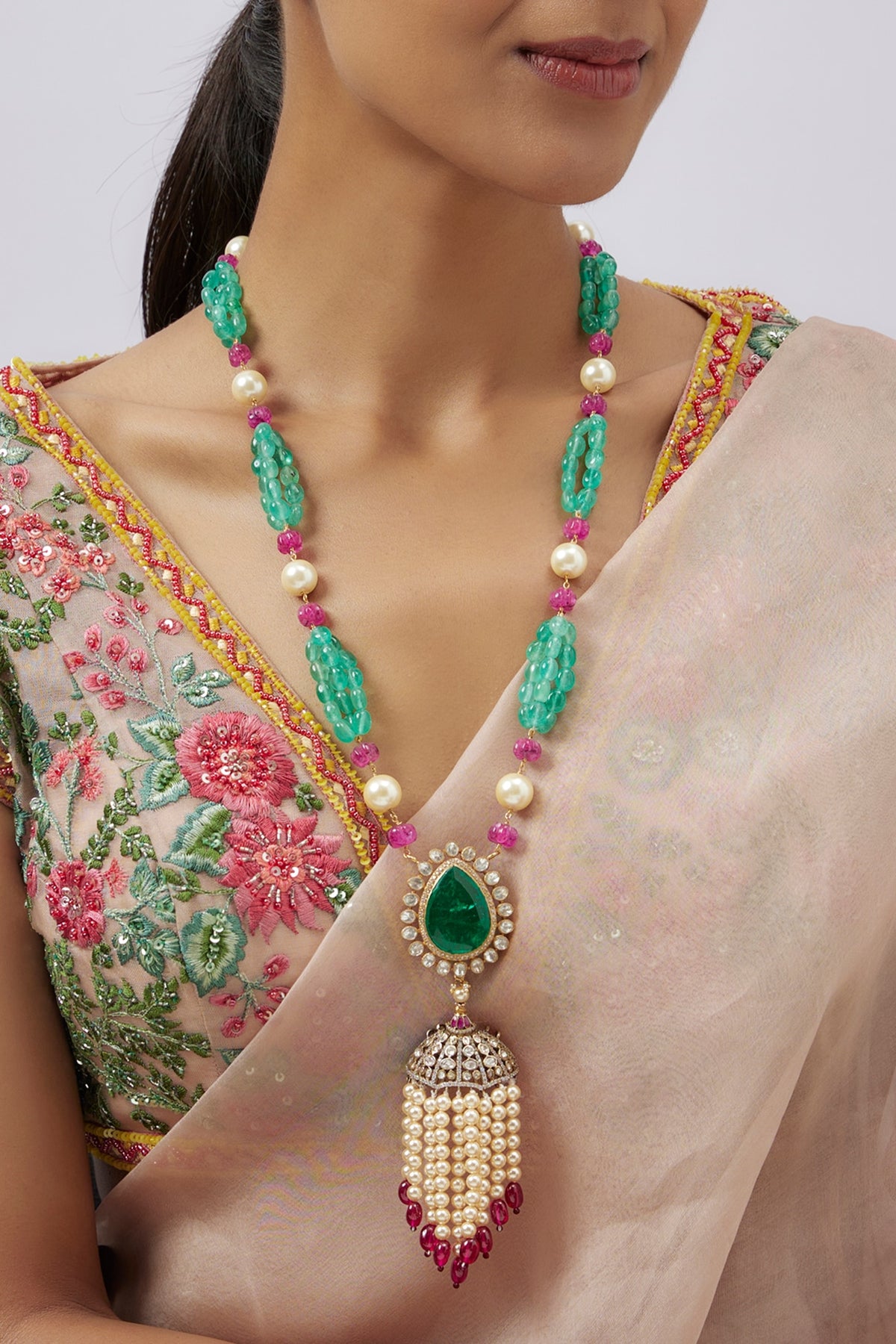 Gold Plated Moissanite Polki & Freshwater Pearl Long Necklace In Sterling Silver