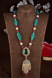 Gold Plated Moissanite Polki & Freshwater Pearl Long Necklace In Sterling Silver