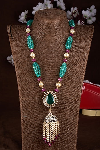 Gold Plated Moissanite Polki & Freshwater Pearl Long Necklace In Sterling Silver
