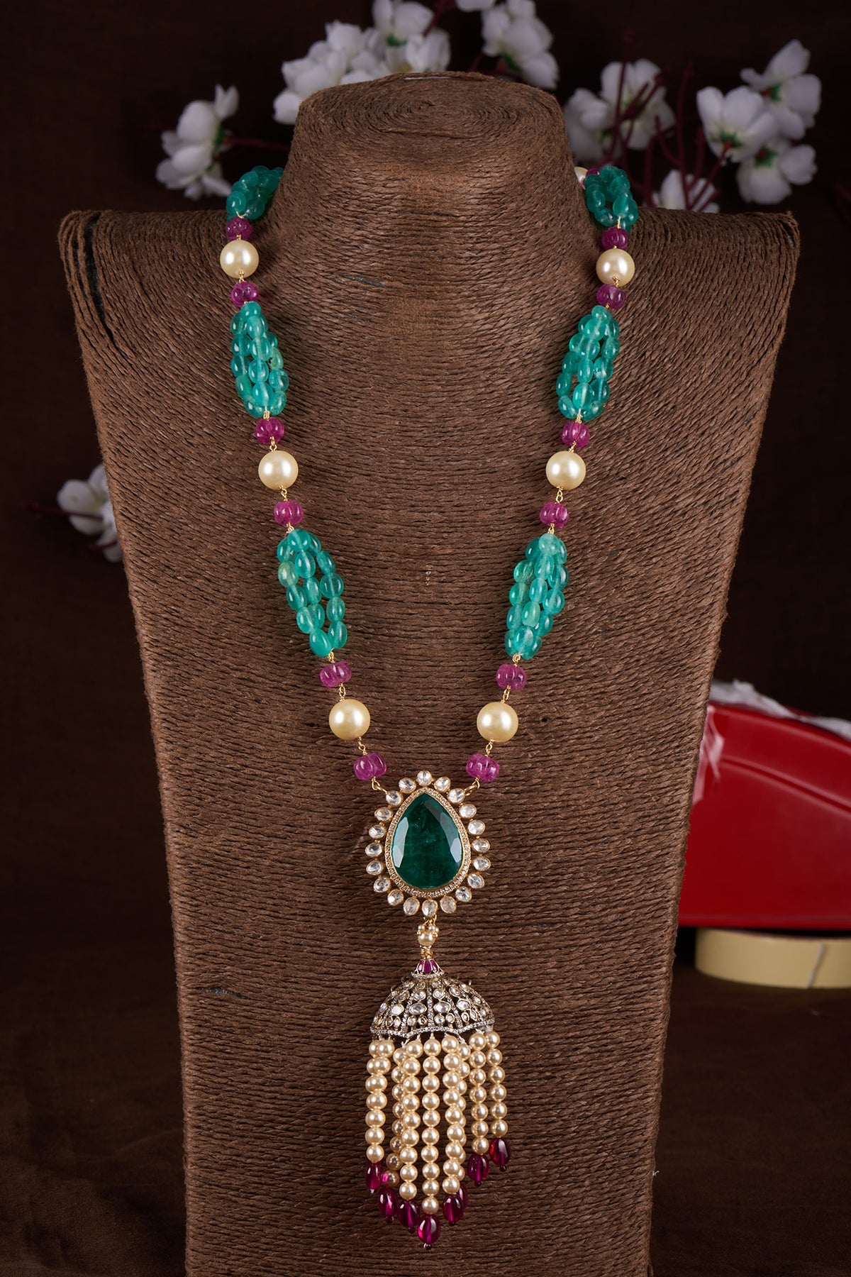 Gold Plated Moissanite Polki & Freshwater Pearl Long Necklace In Sterling Silver