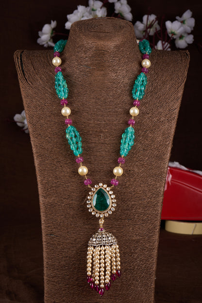 Gold Plated Moissanite Polki & Freshwater Pearl Long Necklace In Sterling Silver