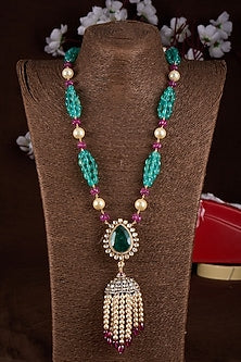 Gold Plated Moissanite Polki & Freshwater Pearl Long Necklace In Sterling Silver