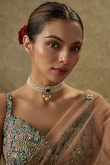 Black Rhodium Plated Moissanite Polki & Pearl Choker Necklace In Sterling Silver