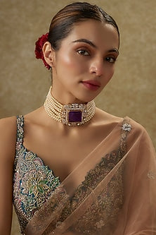 Black Rhodium Plated Moissanite Polki & Amethyst Stone Choker Necklace In Sterling Silver