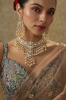 Gold Plated Moissanite Polki & Pearl Choker Necklace Set In Sterling Silver