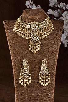 Gold Plated Moissanite Polki & Pearl Choker Necklace Set In Sterling Silver