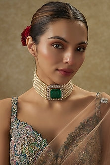 Gold Plated Moissanite Polki & Emerald Doublet Stone Choker Necklace In Sterling Silver
