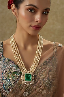 Gold Plated Moissanite Polki & Emerald Doublet Stone Long Necklace In Sterling Silver