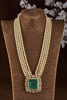 Gold Plated Moissanite Polki & Emerald Doublet Stone Long Necklace In Sterling Silver