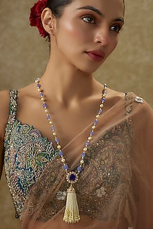 Gold Plated Moissanite Polki & Hand-Cut Purple Quartz Long Necklace In Sterling Silver