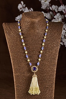 Gold Plated Moissanite Polki & Hand-Cut Purple Quartz Long Necklace In Sterling Silver