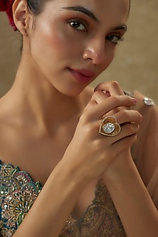Gold Plated Moissanite Polki Ring In Sterling Silver