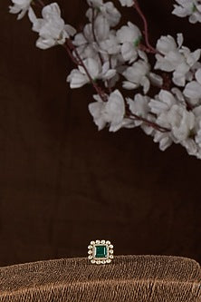 Gold Plated Moissanite Polki & Green Doublet Stone Ring In Sterling Silver