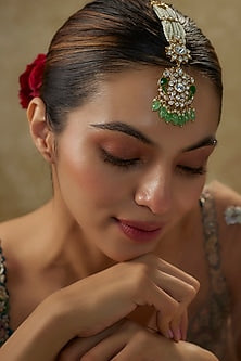 Gold Plated Moissanite Polki & Carved Green Onyx Maangikka In Sterling Silver