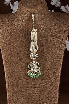 Gold Plated Moissanite Polki & Carved Green Onyx Maangikka In Sterling Silver