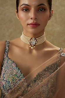 Gold Plated Moissanite Polki & Hand-Cut Red Quartz Choker Necklace In Sterling Silver