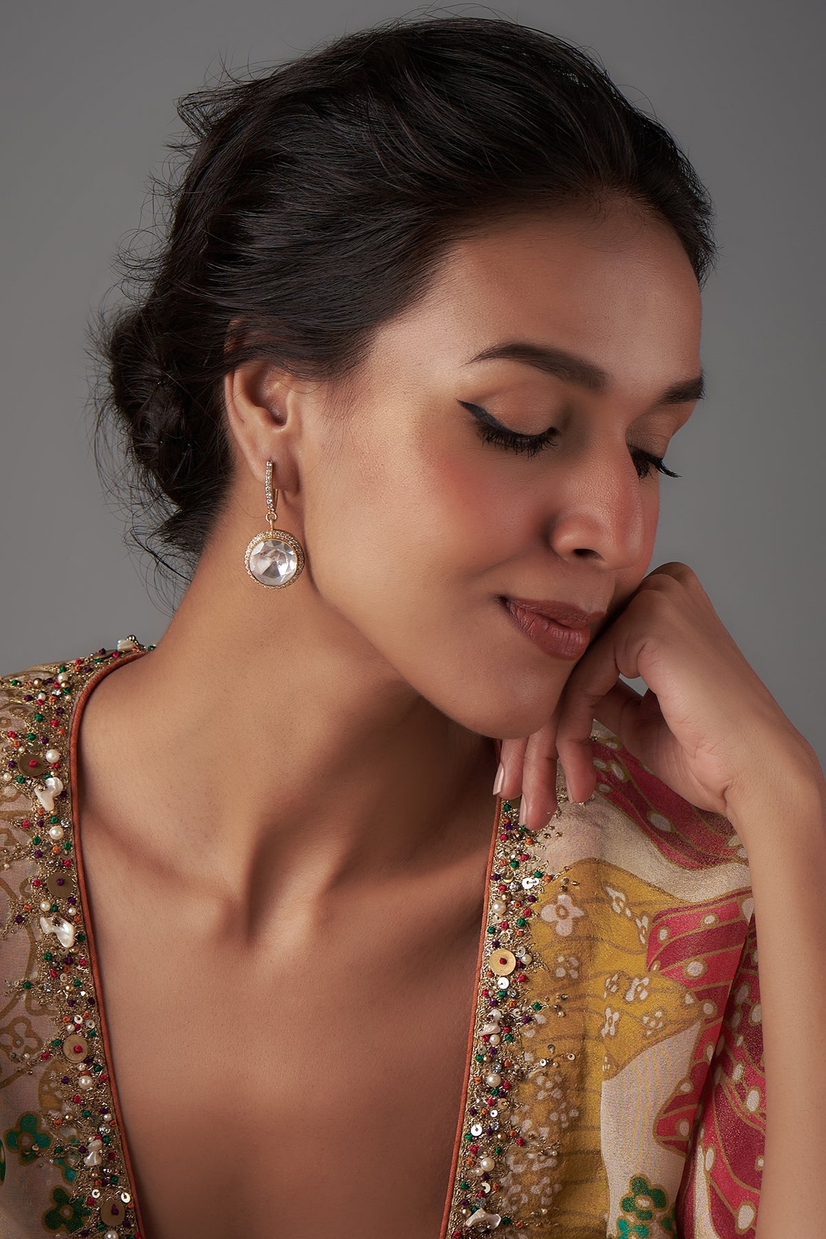Gold Plated Moissanite Polki & Freshwater Pearl Dangler Earrings In Sterling Silver