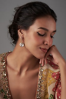 Gold Plated Moissanite Polki & Freshwater Pearl Dangler Earrings In Sterling Silver