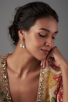Gold Plated Moissanite Polki & Freshwater Pearl Dangler Earrings In Sterling Silver