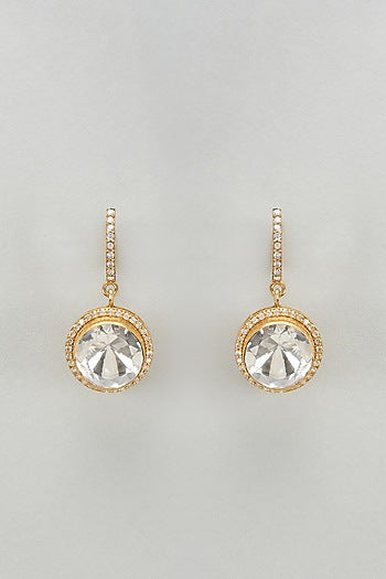 Gold Plated Moissanite Polki & Freshwater Pearl Dangler Earrings In Sterling Silver