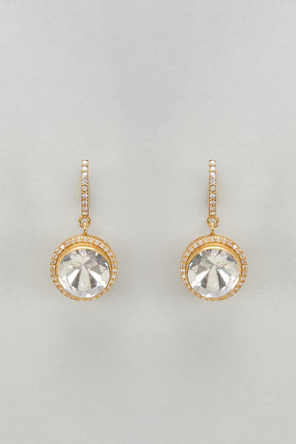Gold Plated Moissanite Polki & Freshwater Pearl Dangler Earrings In Sterling Silver