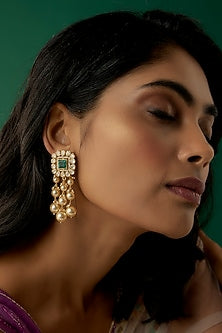 Gold Plated Moissanite Polki & Onyx Dangler Earrings In Sterling Silver