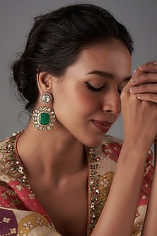 Gold Plated Moissanite Polki & Onyx Dangler Earrings In Sterling Silver