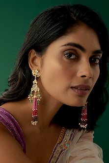Gold Plated Green & Red Onyx Dangler Earrings In Sterling Silver